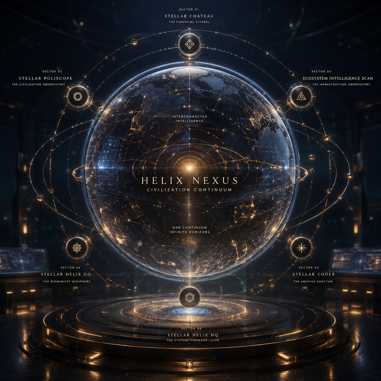 Helix Nexus — civilization continuum sphere with six orbiting sectors